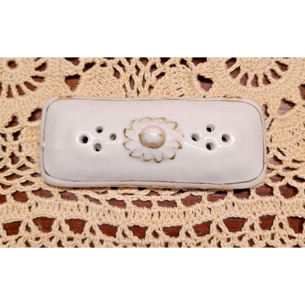 Antique White Porcelain Comb Barrett Holder with Gold Trim Vanity